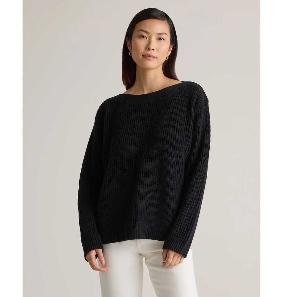 Quince 100% Organic Cotton Fisherman Boatneck Sweater Black XS Ribbed Knit Women